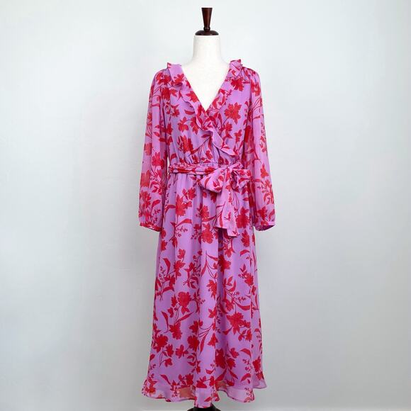 Ann Taylor Pink Floral Ruffle Faux Wrap Midi Dress Size 6 - Picture 2 of 11